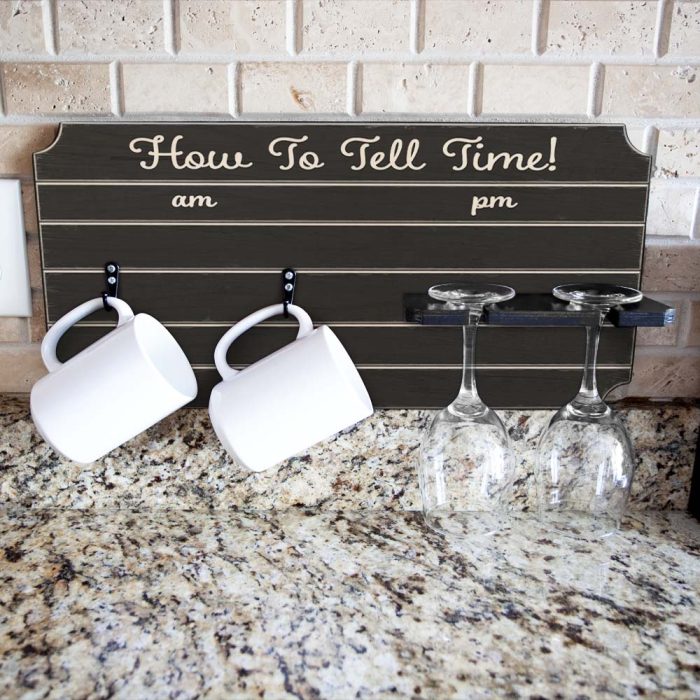 how to tell time mug wine glass holder sign rack painted black