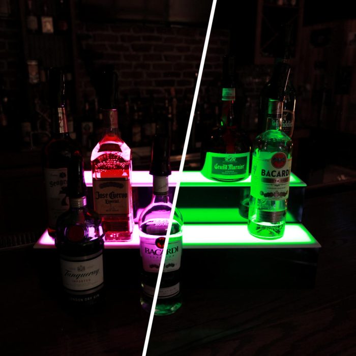 led commercial liquor shelf 2 tier 24in magenta green